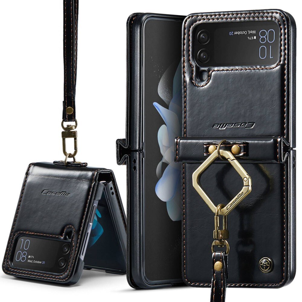 Leather Wallet Handstrap Samsung Galaxy Z Flip 4 musta