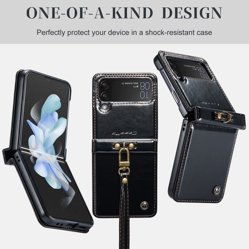 Leather Wallet Handstrap Samsung Galaxy Z Flip 4 musta