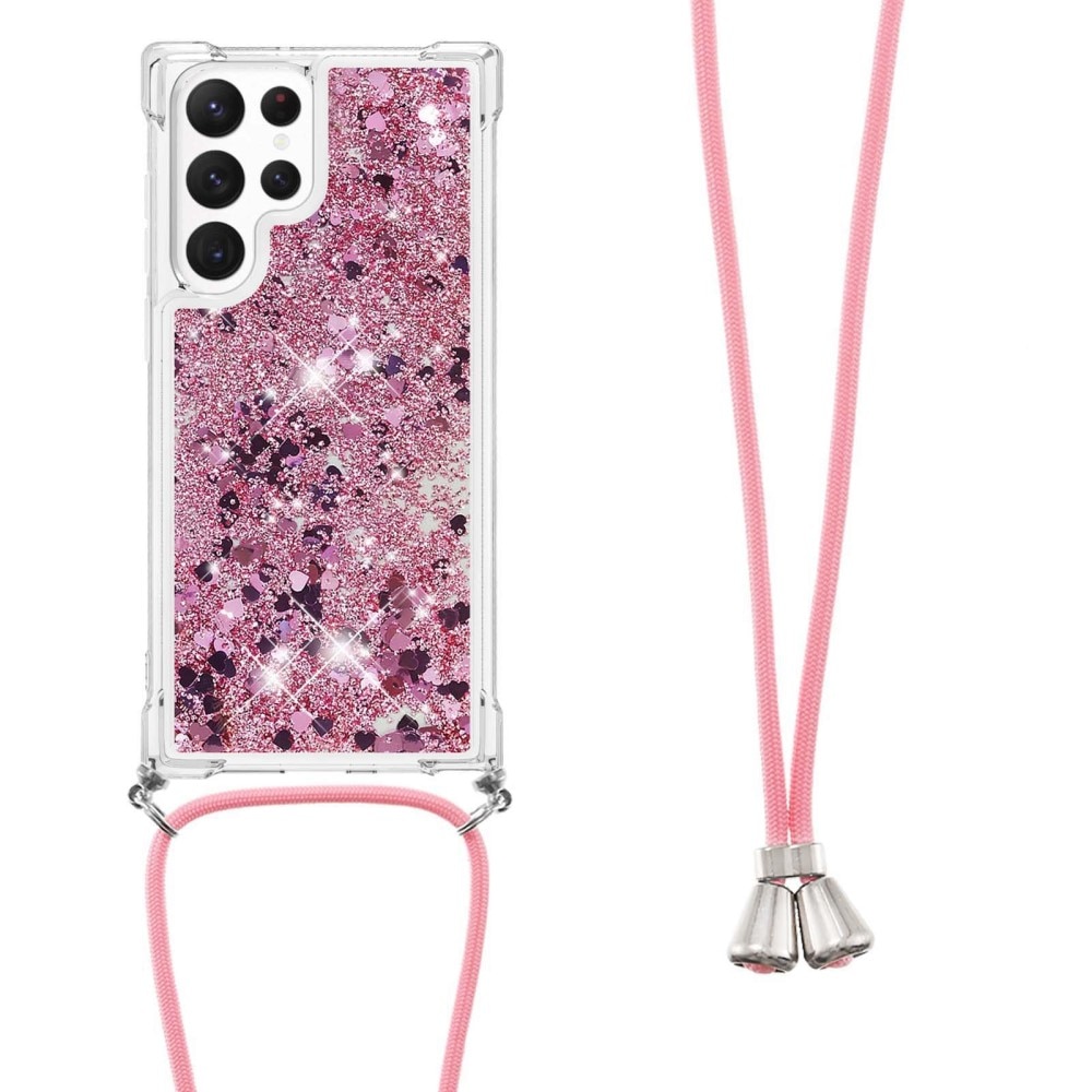 Glitter Powder TPU Kuori kaulahihnalla Samsung Galaxy S23 Ultra vaaleanpunainen