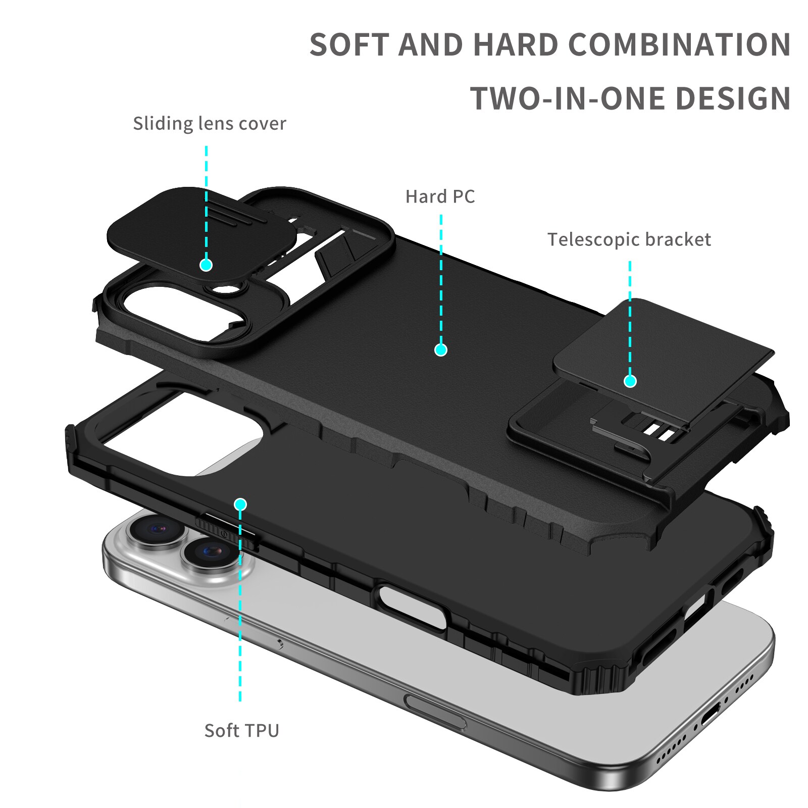 iPhone 17 Kickstand Kotelo Kamerasuojalla Musta