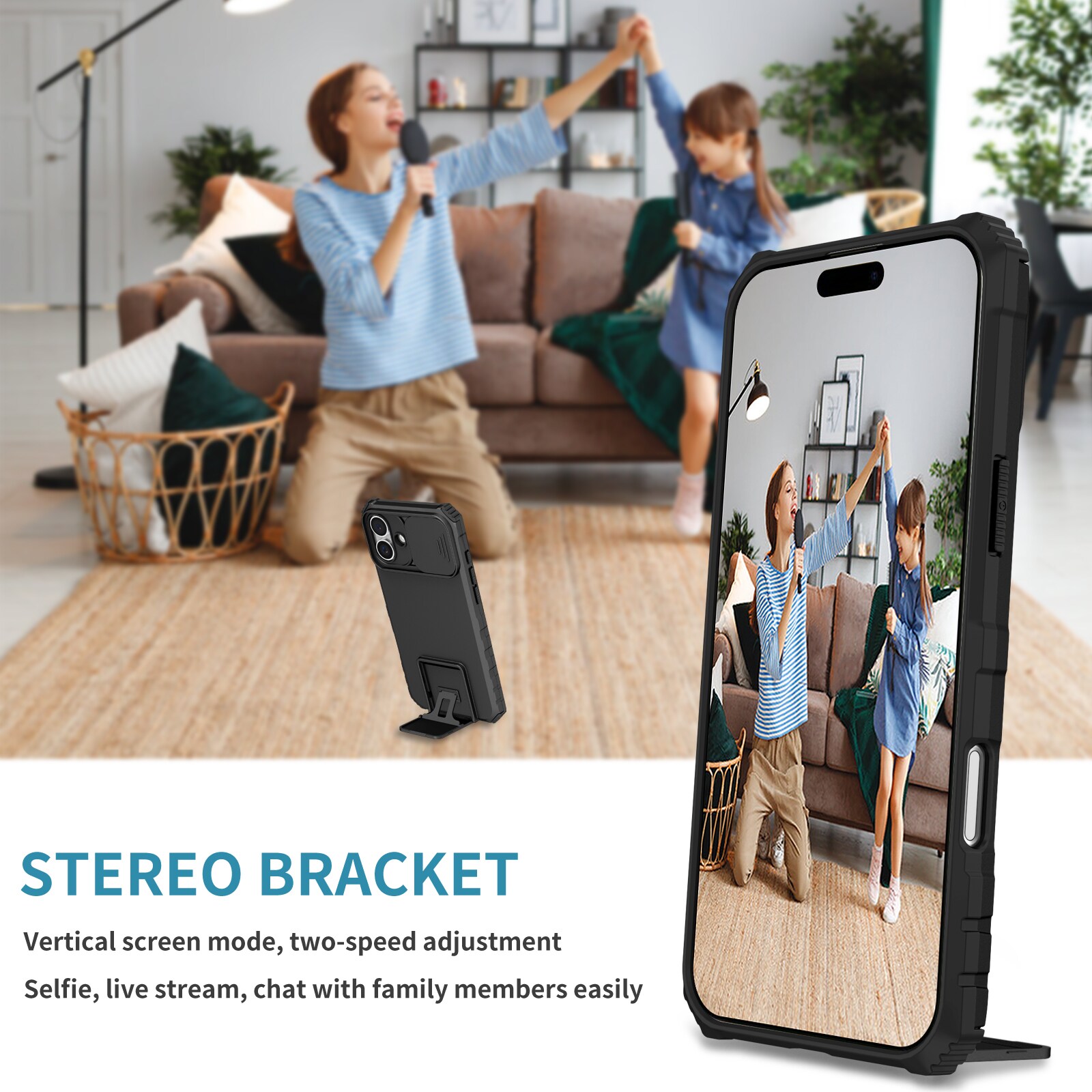 iPhone 17 Kickstand Kotelo Kamerasuojalla Musta