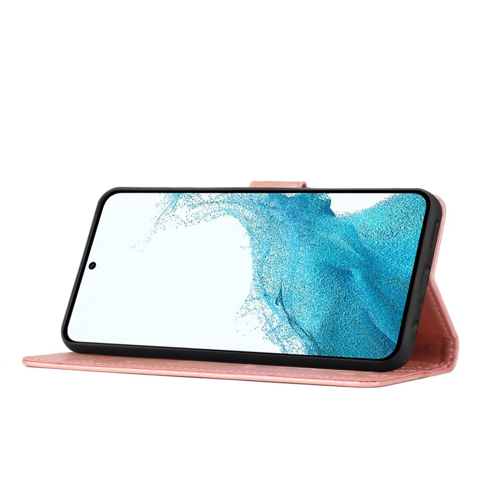 Nahkakotelo Perhonen Samsung Galaxy S23 vaaleanpunainen kulta