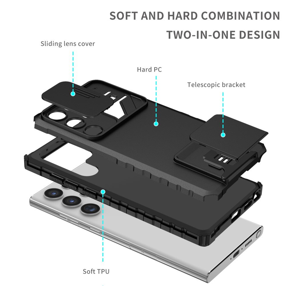 Samsung Galaxy S23 Ultra Kickstand Kotelo Kamerasuojalla musta