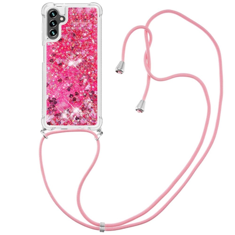 Glitter Powder TPU Kuori kaulahihnalla Samsung Galaxy A54 vaaleanpunainen
