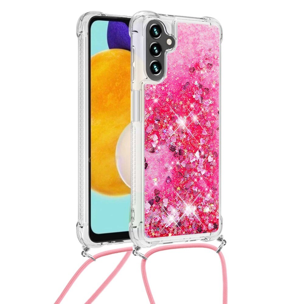 Glitter Powder TPU Kuori kaulahihnalla Samsung Galaxy A54 vaaleanpunainen