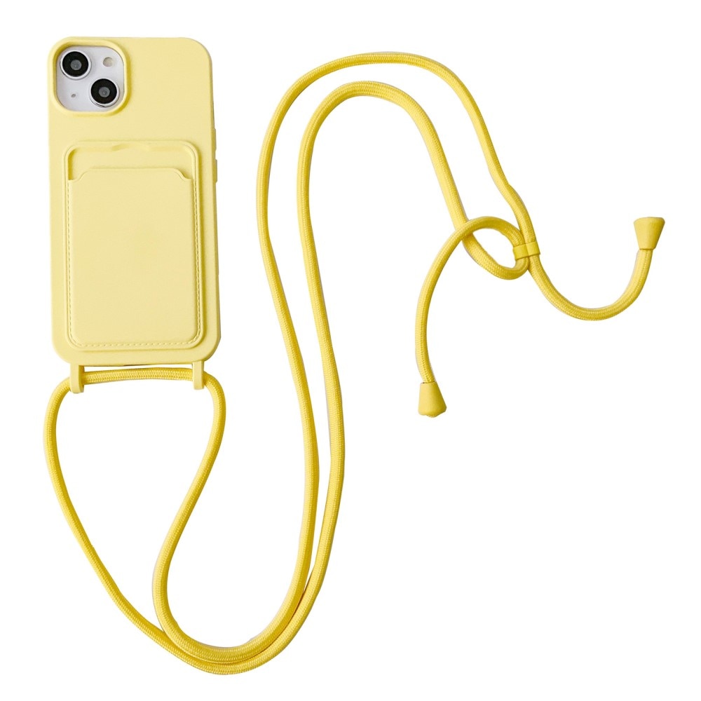 iPhone 14 Silikonikuori Korttitasku + Kaulahihnalla keltainen