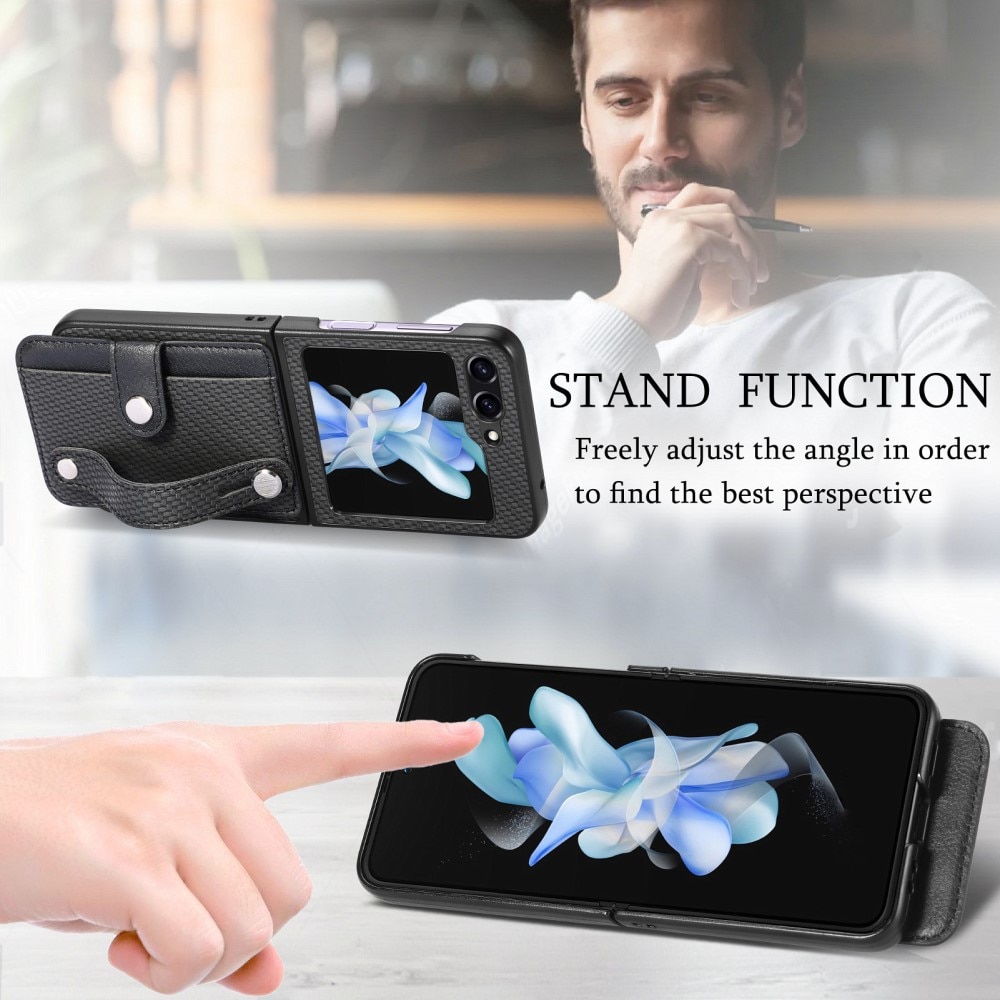 Samsung Galaxy Z Flip 5 Nahkakotelo Korttitasku + Finger Strap musta