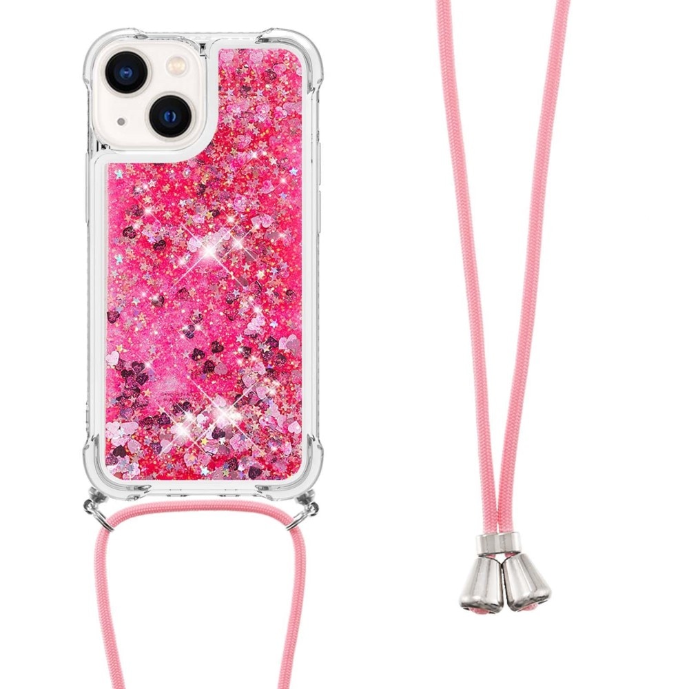 Glitter Powder TPU Kuori kaulahihnalla iPhone 15 vaaleanpunainen