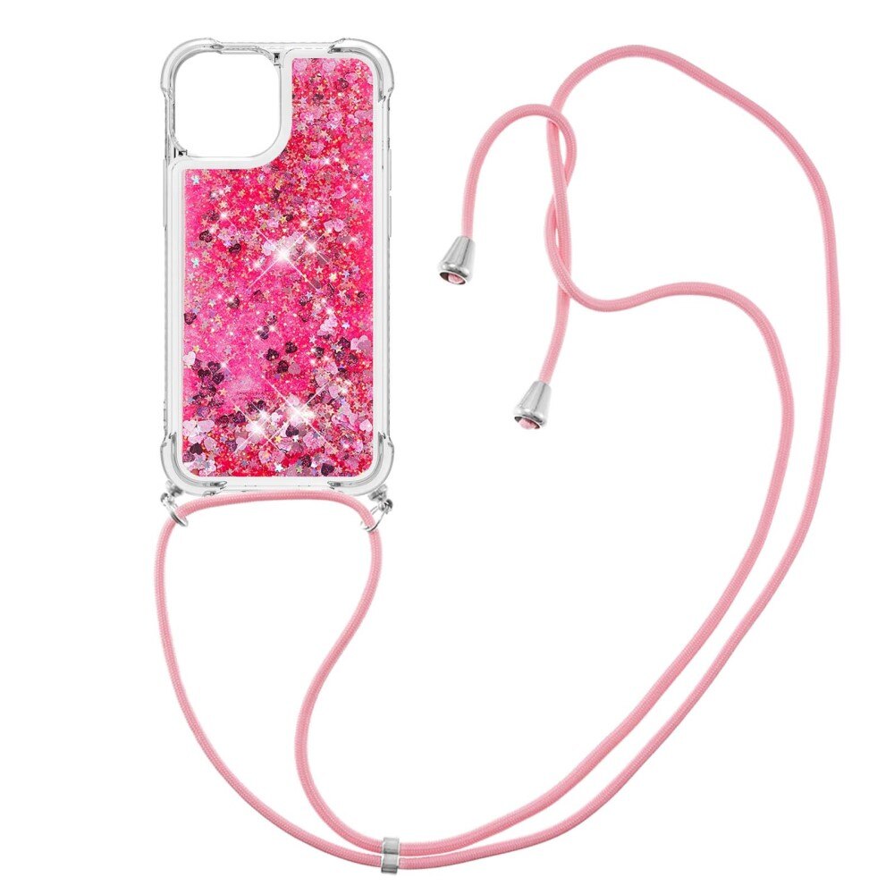 Glitter Powder TPU Kuori kaulahihnalla iPhone 15 vaaleanpunainen