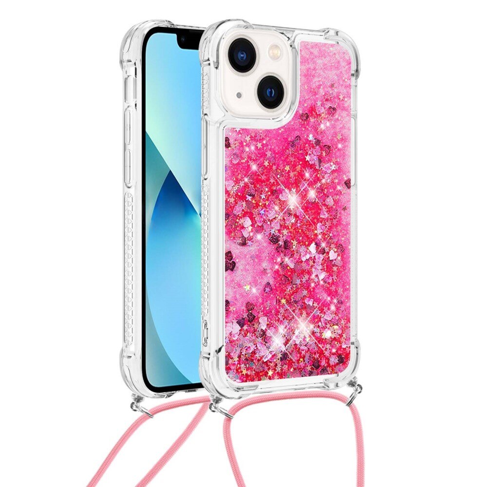 Glitter Powder TPU Kuori kaulahihnalla iPhone 15 vaaleanpunainen