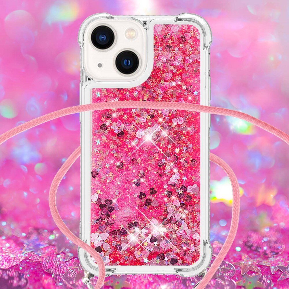 Glitter Powder TPU Kuori kaulahihnalla iPhone 15 vaaleanpunainen