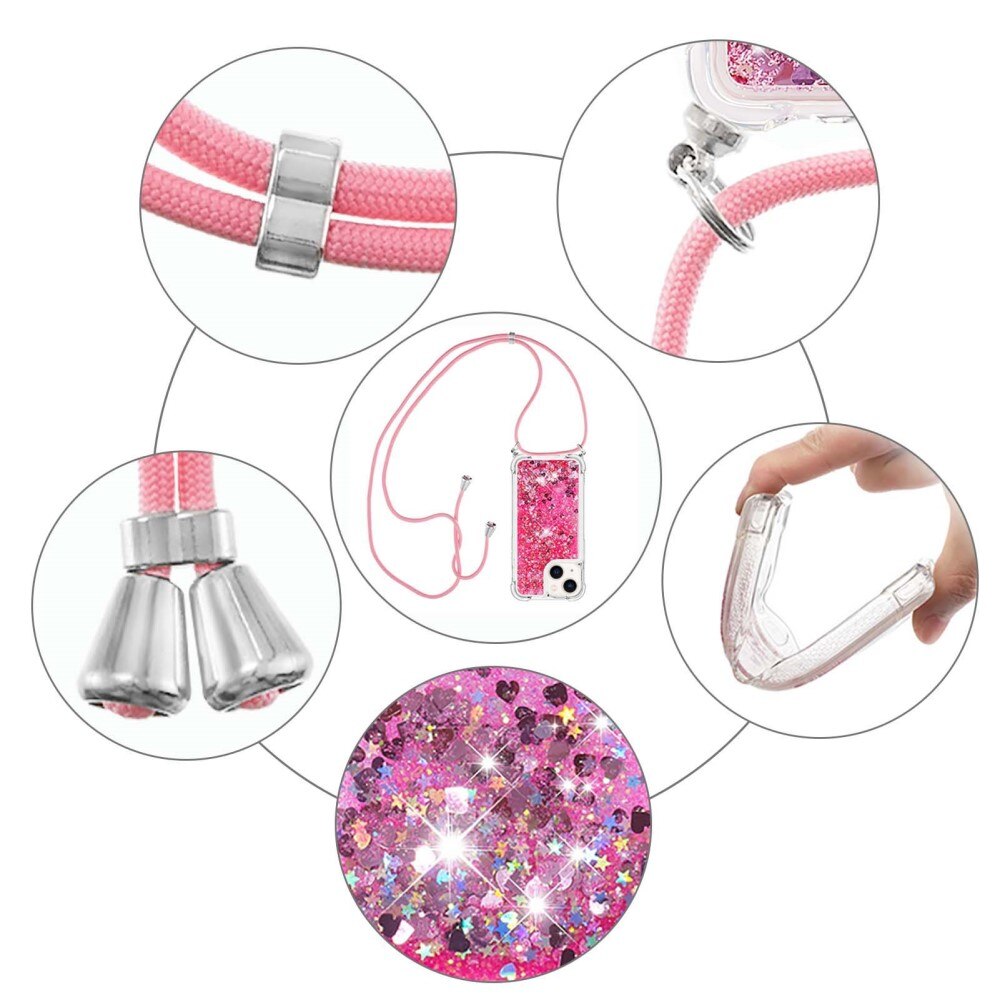 Glitter Powder TPU Kuori kaulahihnalla iPhone 15 vaaleanpunainen