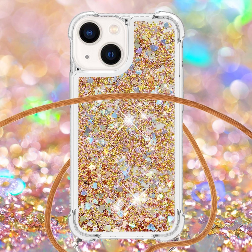 Glitter Powder TPU Kuori kaulahihnalla iPhone 15 kulta