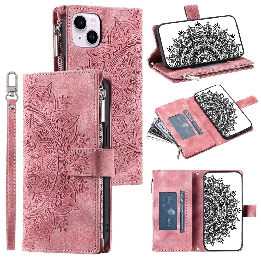 Lompakkolaukku iPhone 15 Mandala vaaleanpunainen