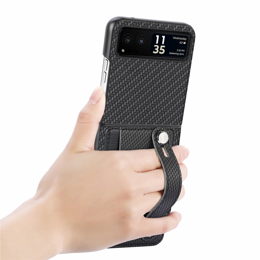 Motorola Razr 40 Nahkakotelo Korttitasku + Finger Strap musta