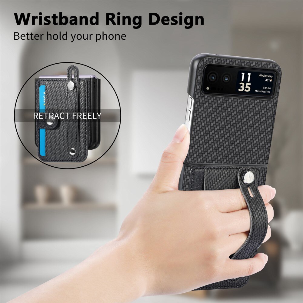 Motorola Razr 40 Nahkakotelo Korttitasku + Finger Strap musta