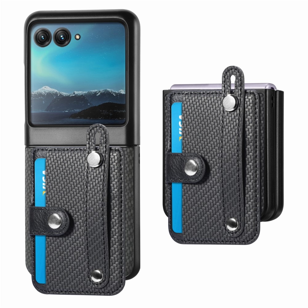 Motorola Razr 40 Ultra Nahkakotelo Korttitasku + Finger Strap musta