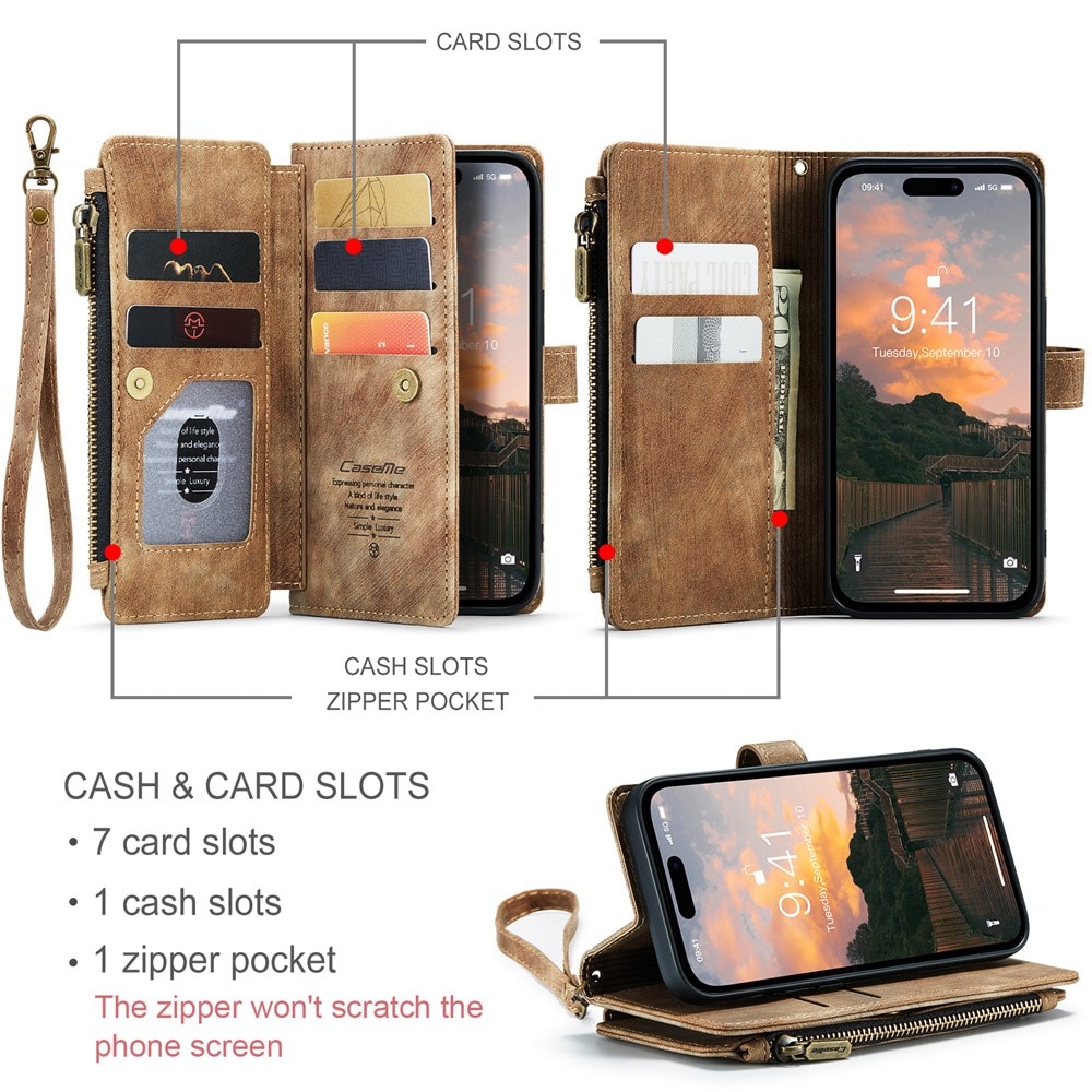 Zipper Wallet iPhone 15 Pro Max ruskea