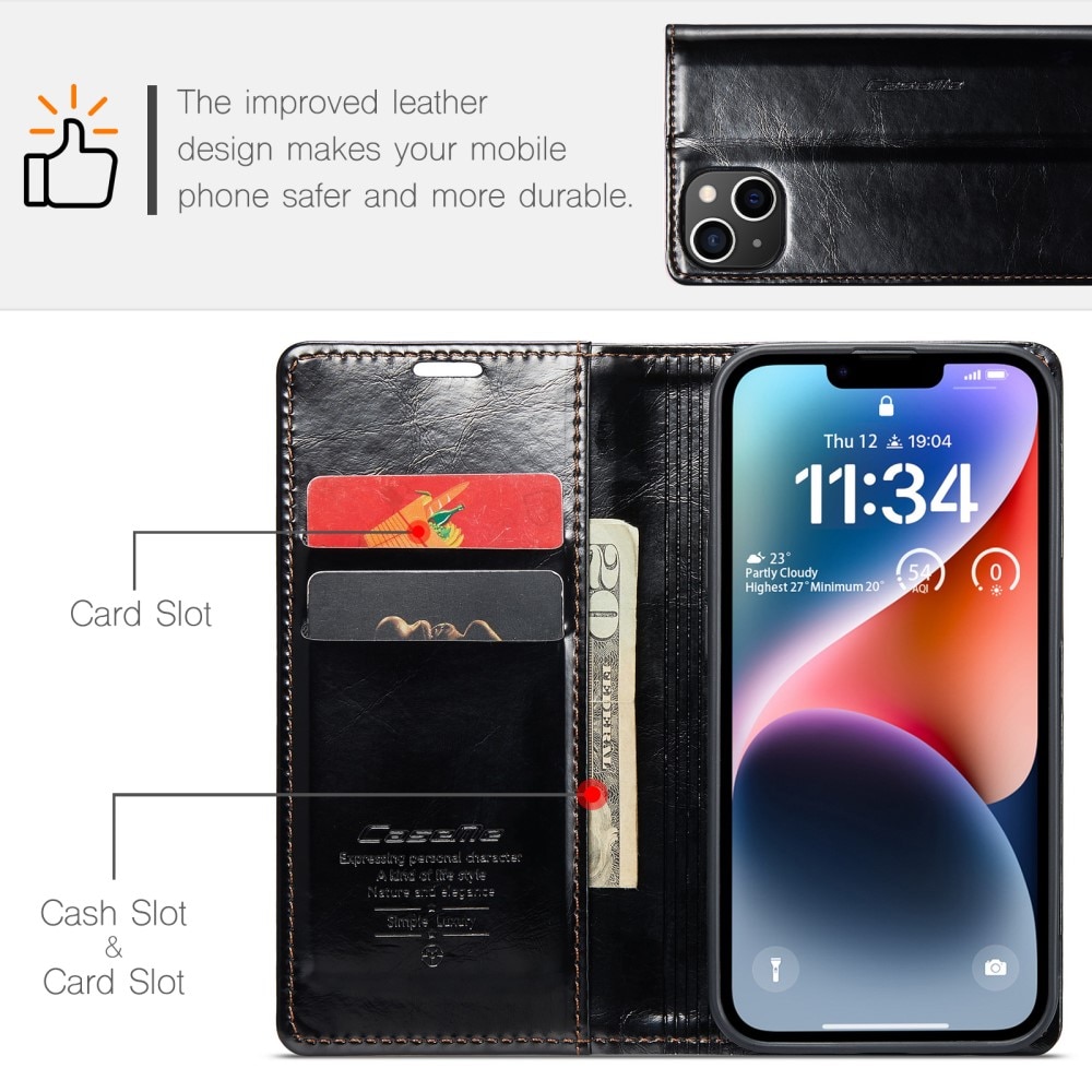 Leather Wallet iPhone 15 musta