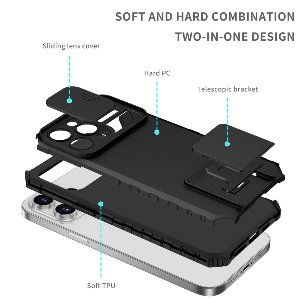 iPhone 15 Pro Max Kickstand Kotelo Kamerasuojalla Musta