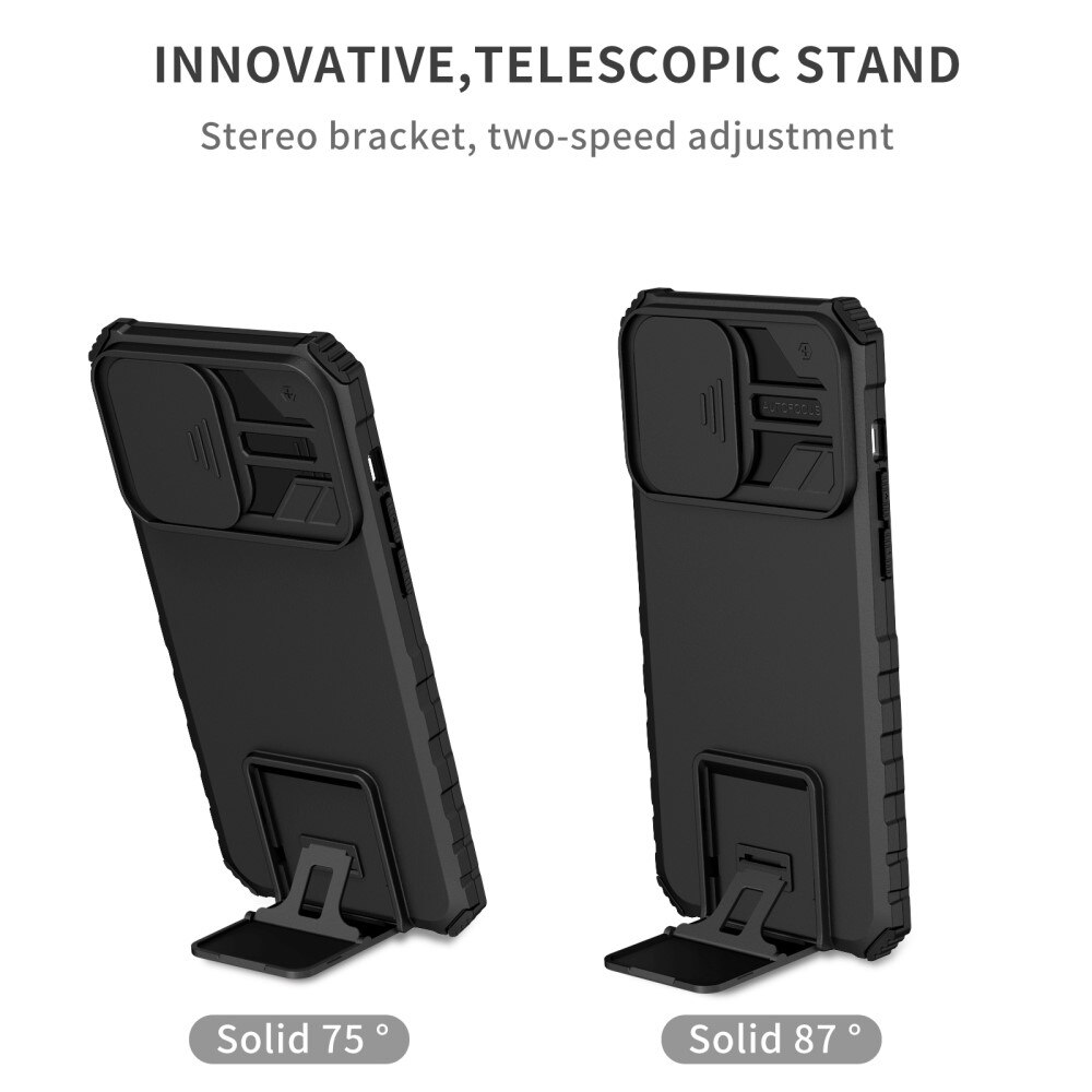 iPhone 15 Pro Max Kickstand Kotelo Kamerasuojalla Musta