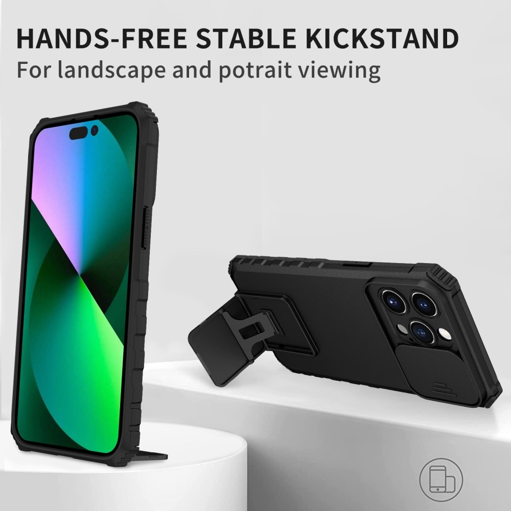 iPhone 15 Pro Max Kickstand Kotelo Kamerasuojalla Musta