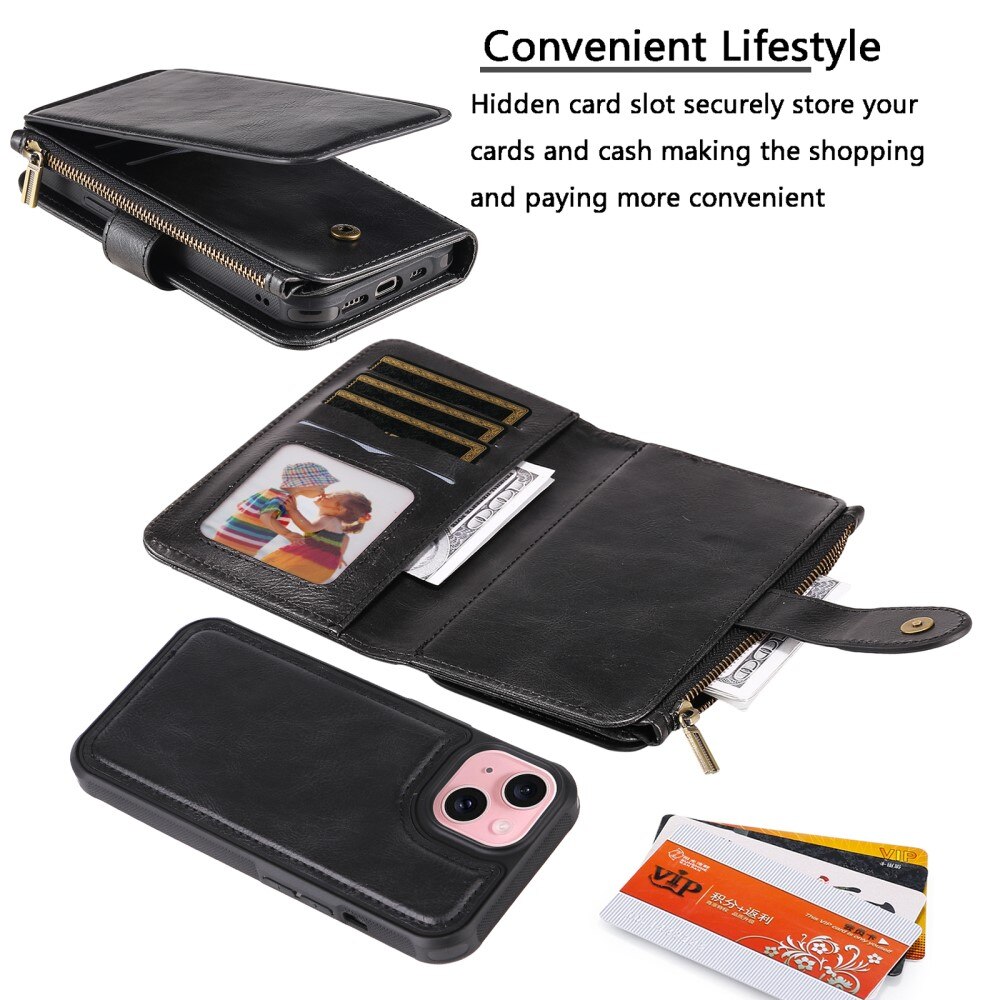 Magnet Leather Multi-Wallet iPhone 15 musta