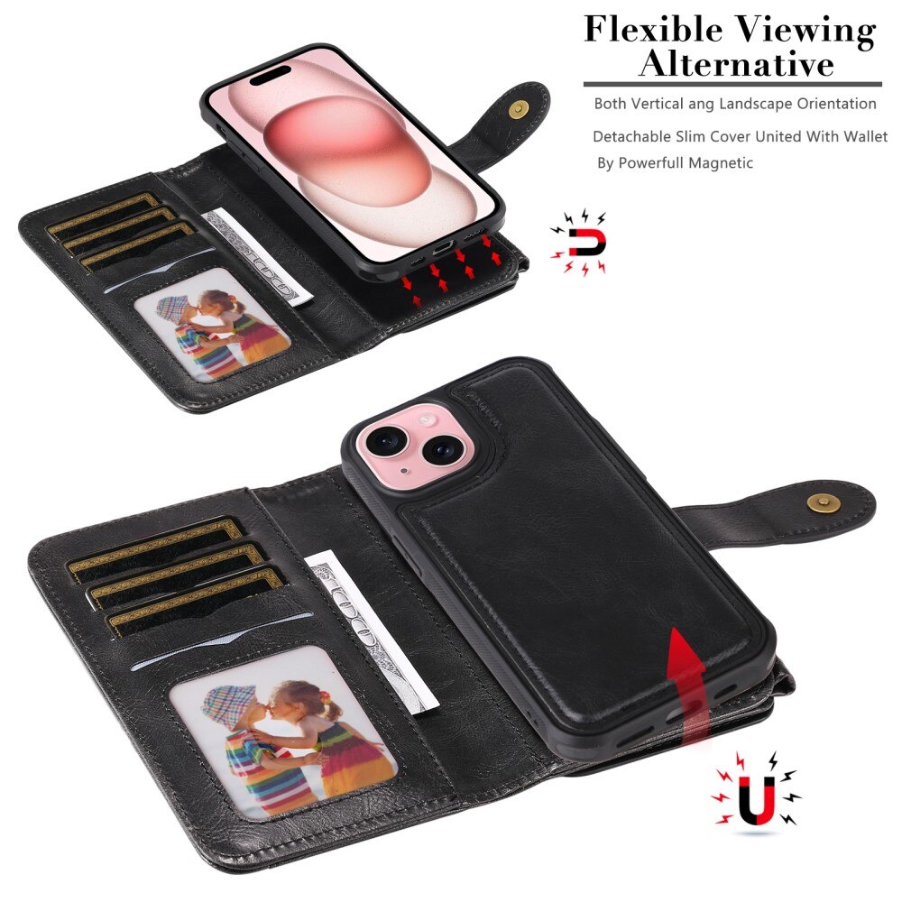 Magnet Leather Multi-Wallet iPhone 15 musta