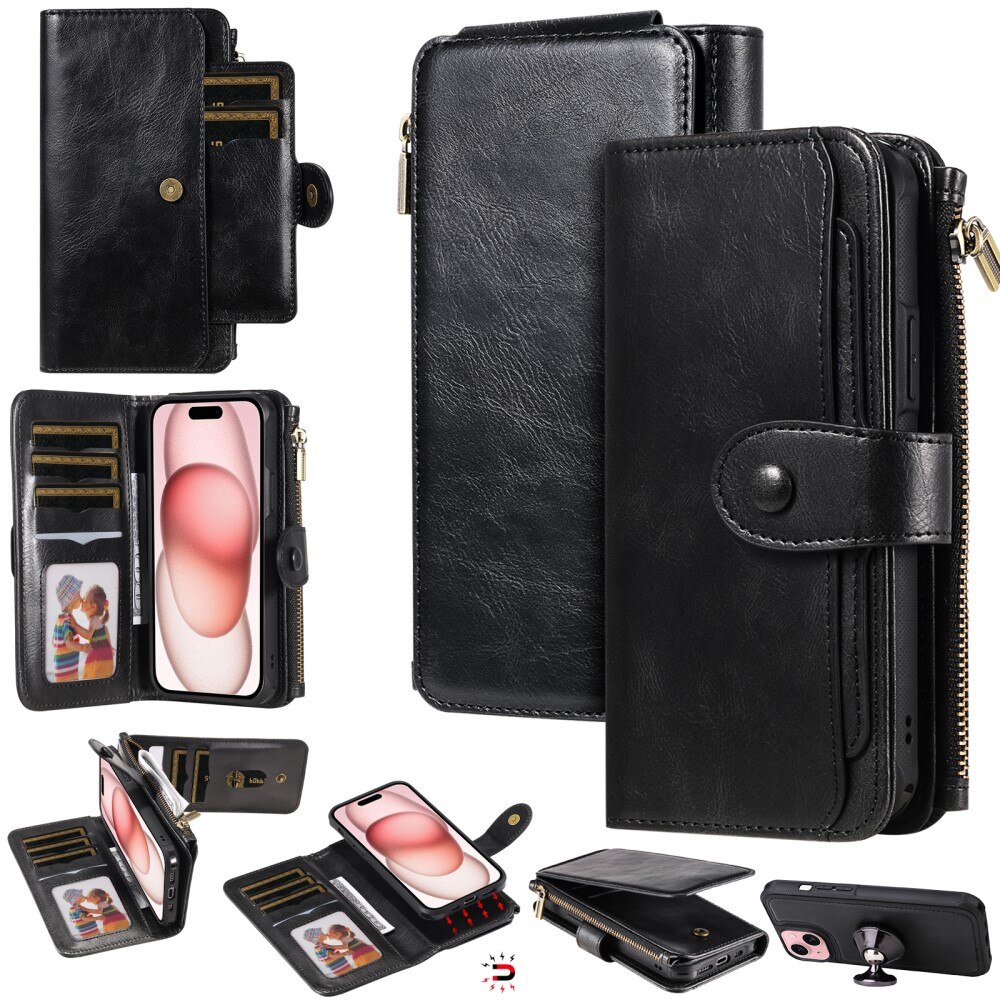 Magnet Leather Multi-Wallet iPhone 15 musta