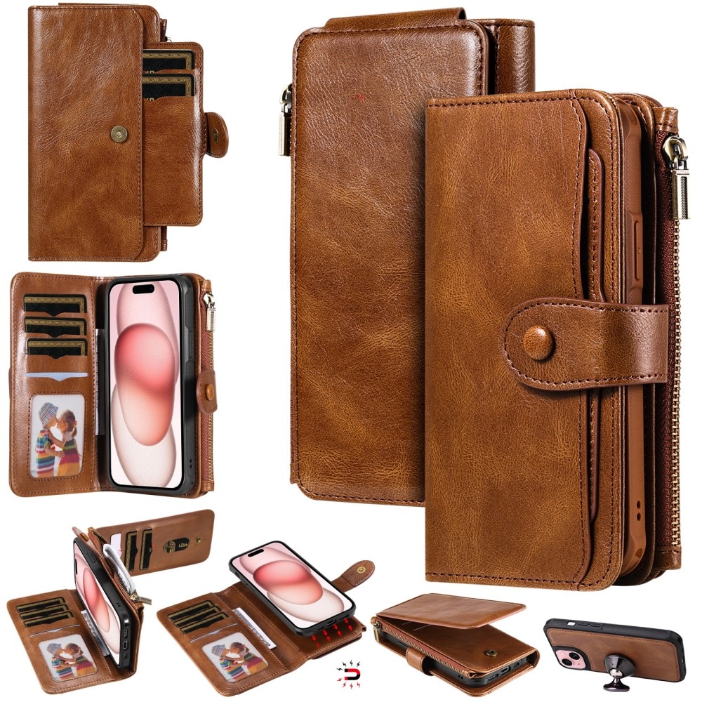 Magnet Leather Multi-Wallet iPhone 15 ruskea