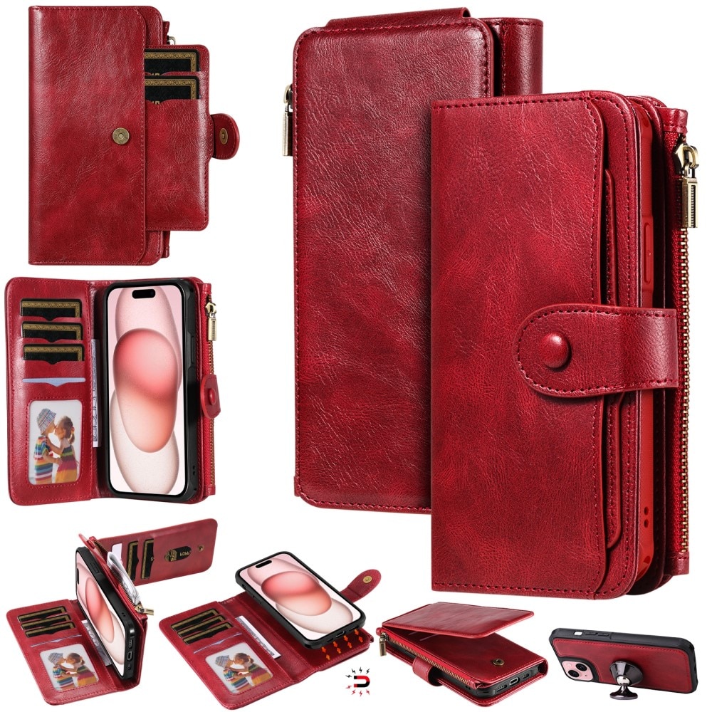 Magnet Leather Multi-Wallet iPhone 15 punainen