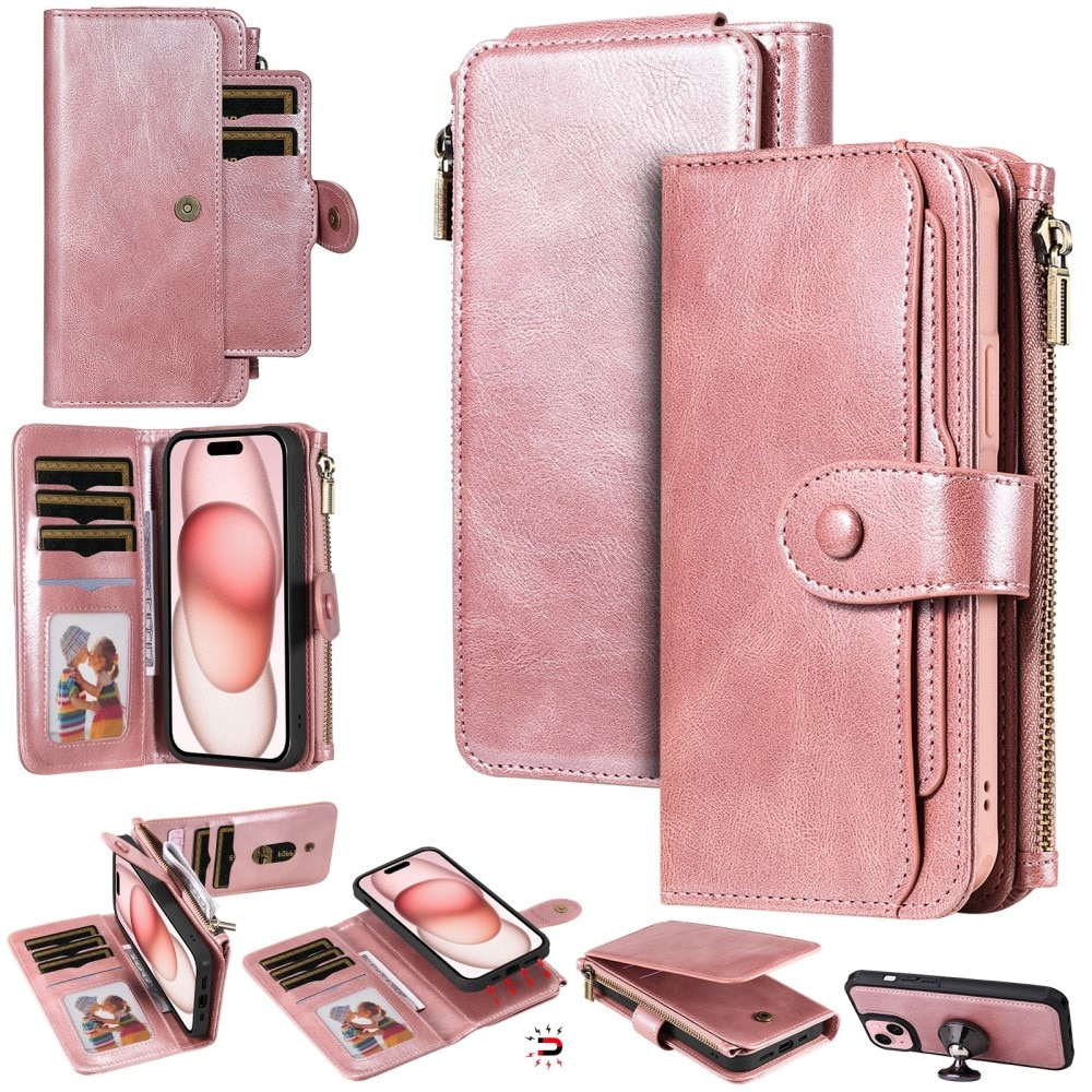 Magnet Leather Multi-Wallet iPhone 15 vaaleanpunainen