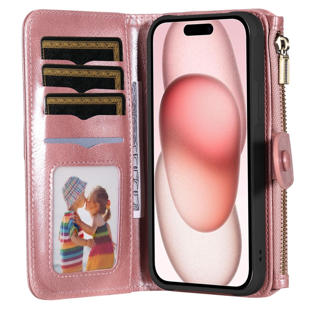 Magnet Leather Multi-Wallet iPhone 15 vaaleanpunainen