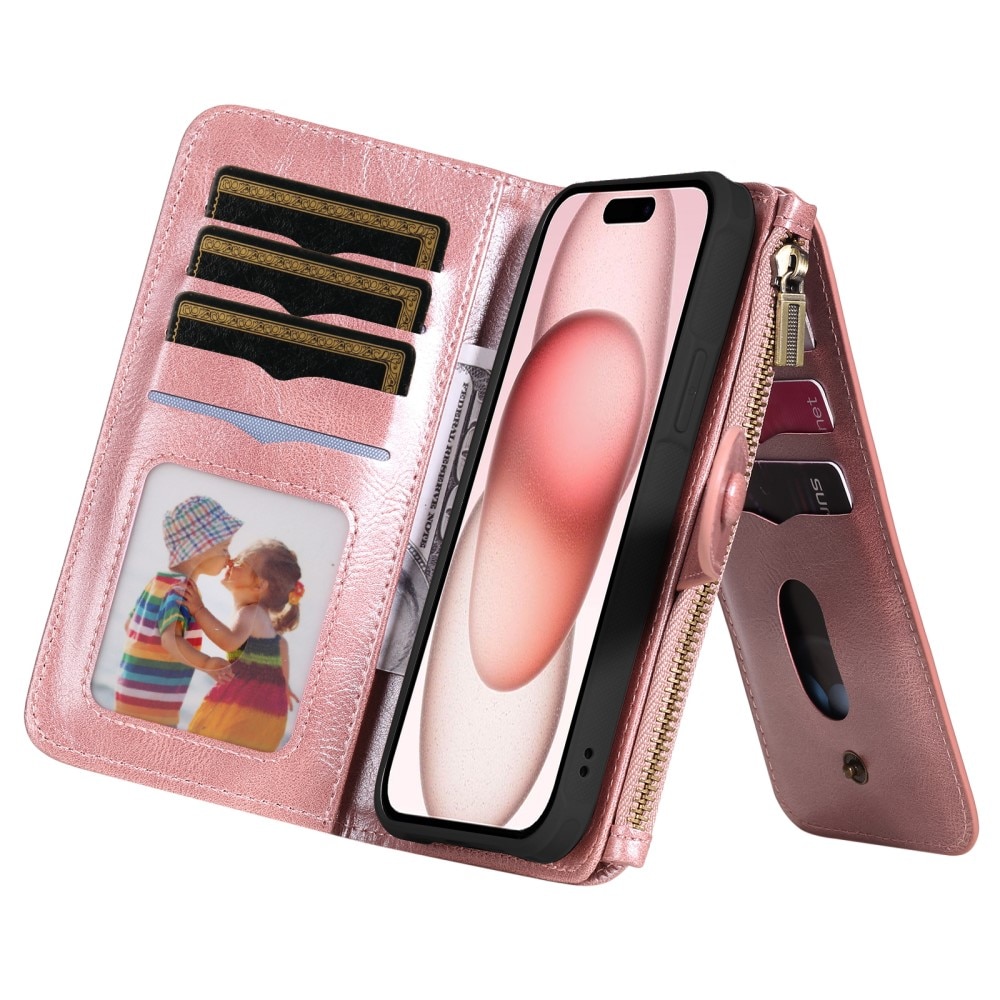 Magnet Leather Multi-Wallet iPhone 15 vaaleanpunainen