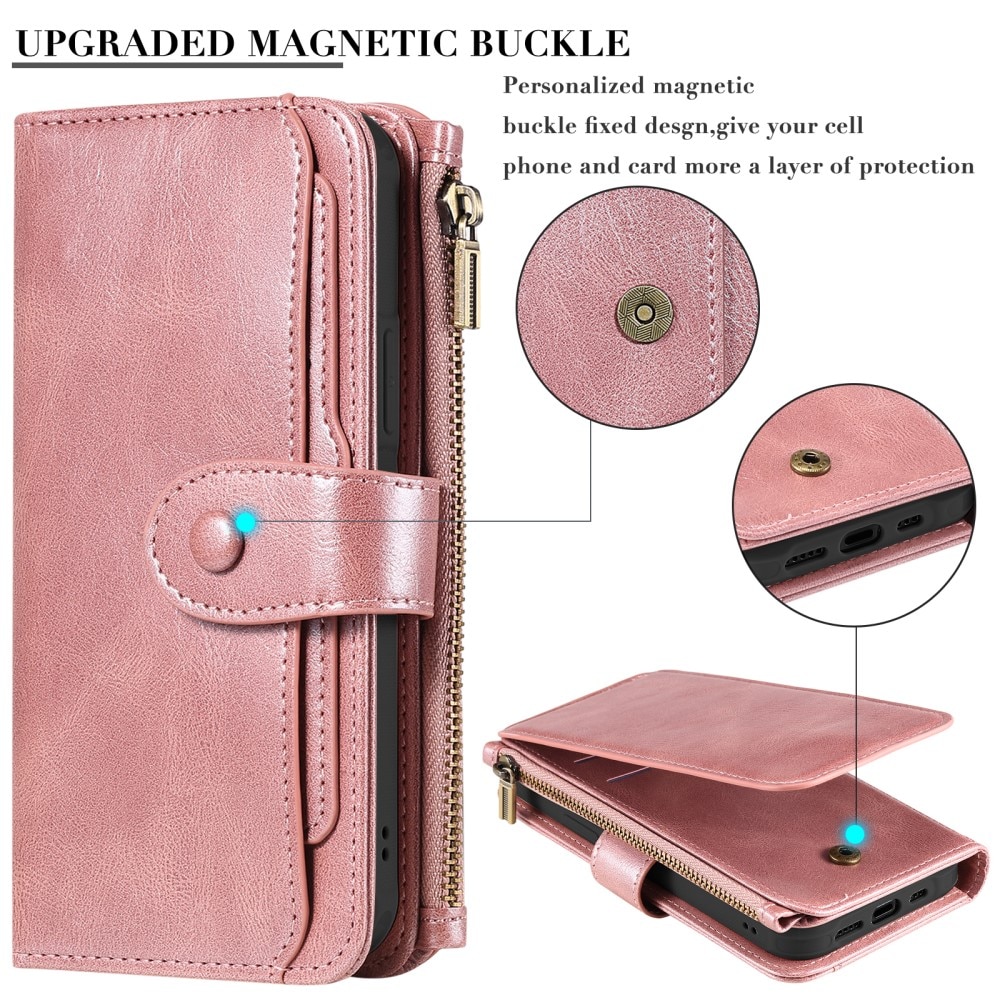 Magnet Leather Multi-Wallet iPhone 15 vaaleanpunainen