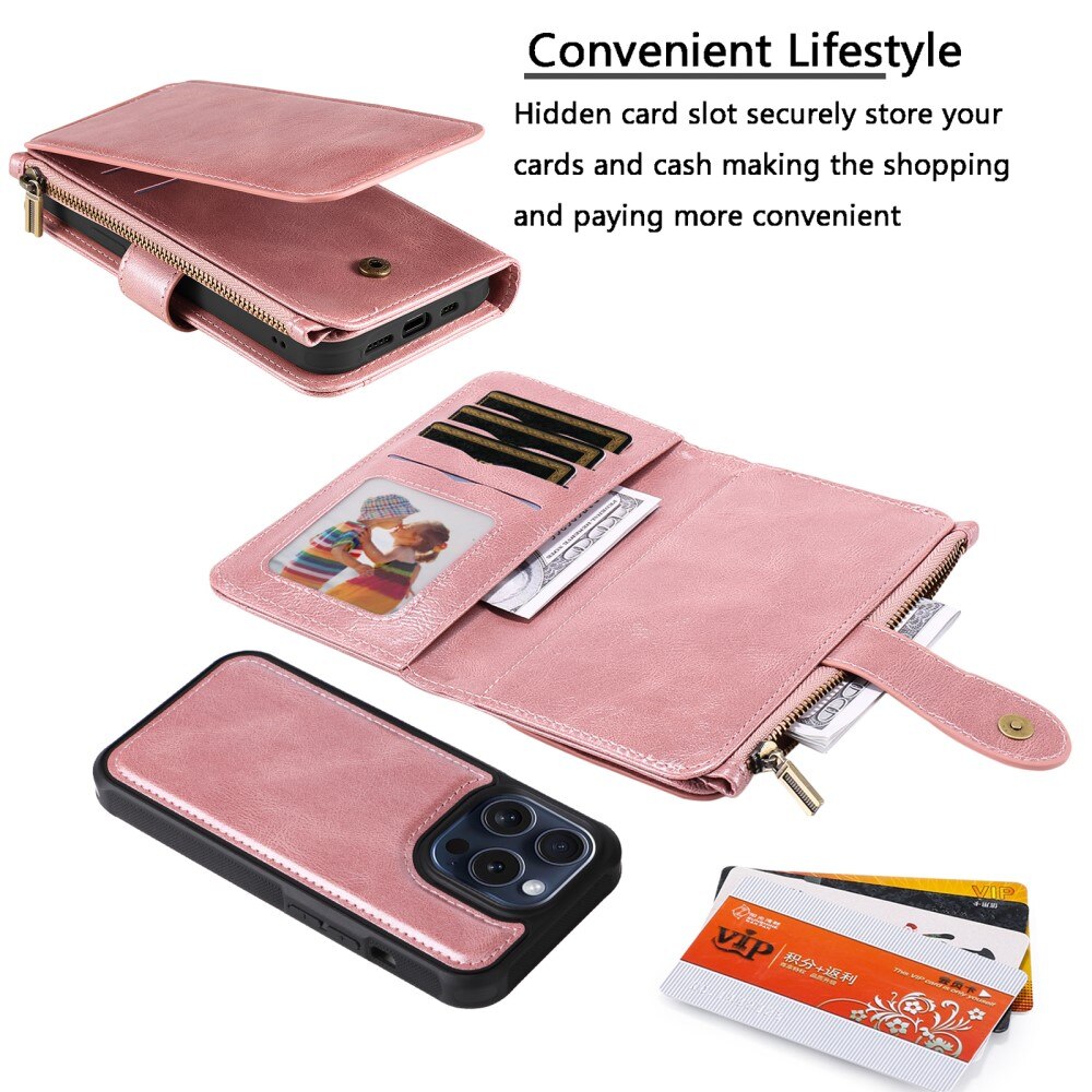 Magnet Leather Multi-Wallet iPhone 15 Pro vaaleanpunainen