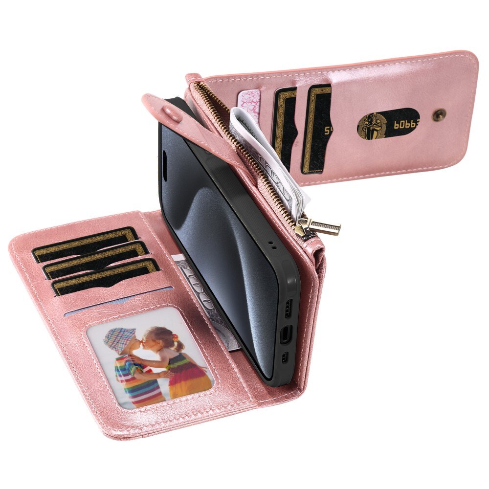 Magnet Leather Multi-Wallet iPhone 15 Pro vaaleanpunainen