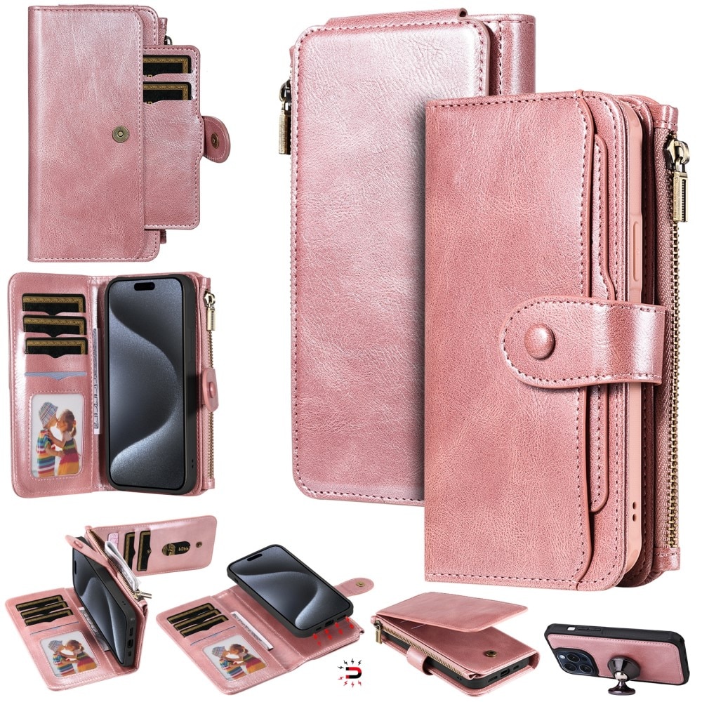 Magnet Leather Multi-Wallet iPhone 15 Pro vaaleanpunainen