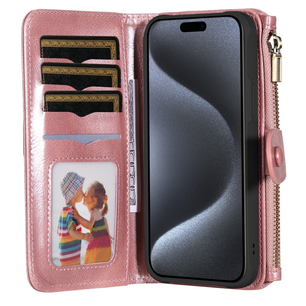 Magnet Leather Multi-Wallet iPhone 15 Pro vaaleanpunainen