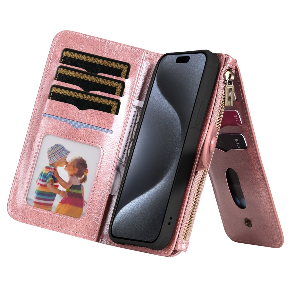 Magnet Leather Multi-Wallet iPhone 15 Pro vaaleanpunainen