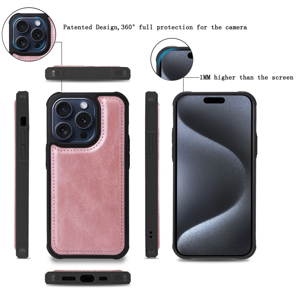 Magnet Leather Multi-Wallet iPhone 15 Pro vaaleanpunainen