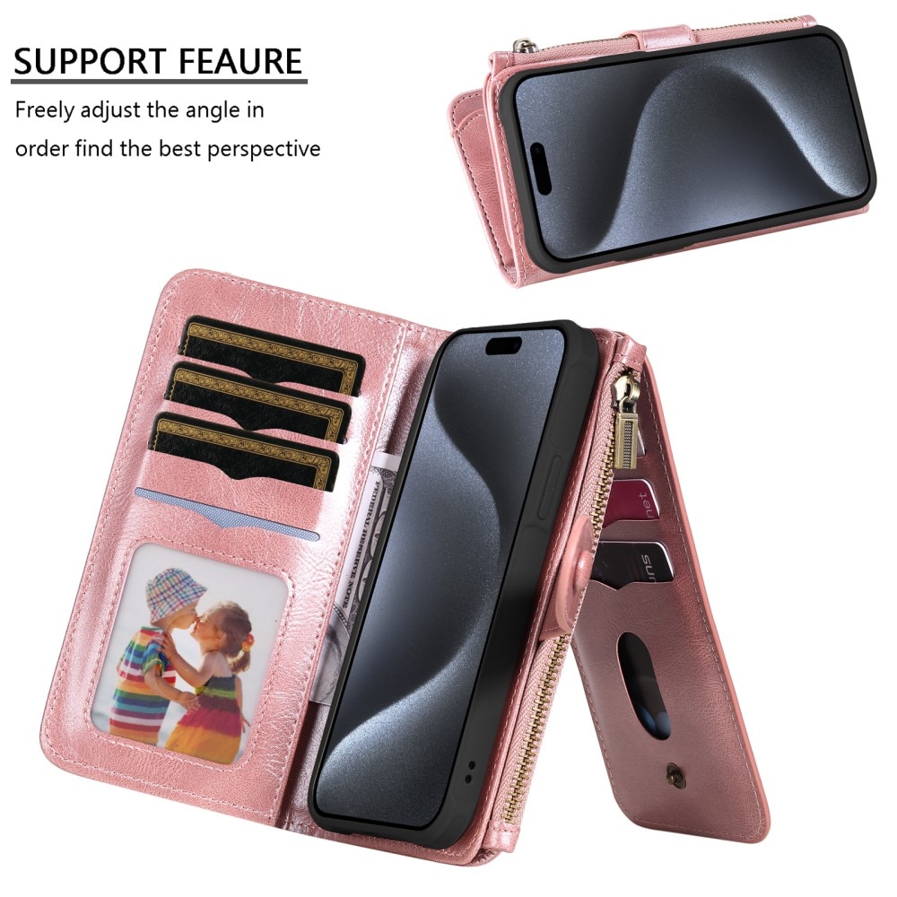 Magnet Leather Multi-Wallet iPhone 15 Pro vaaleanpunainen