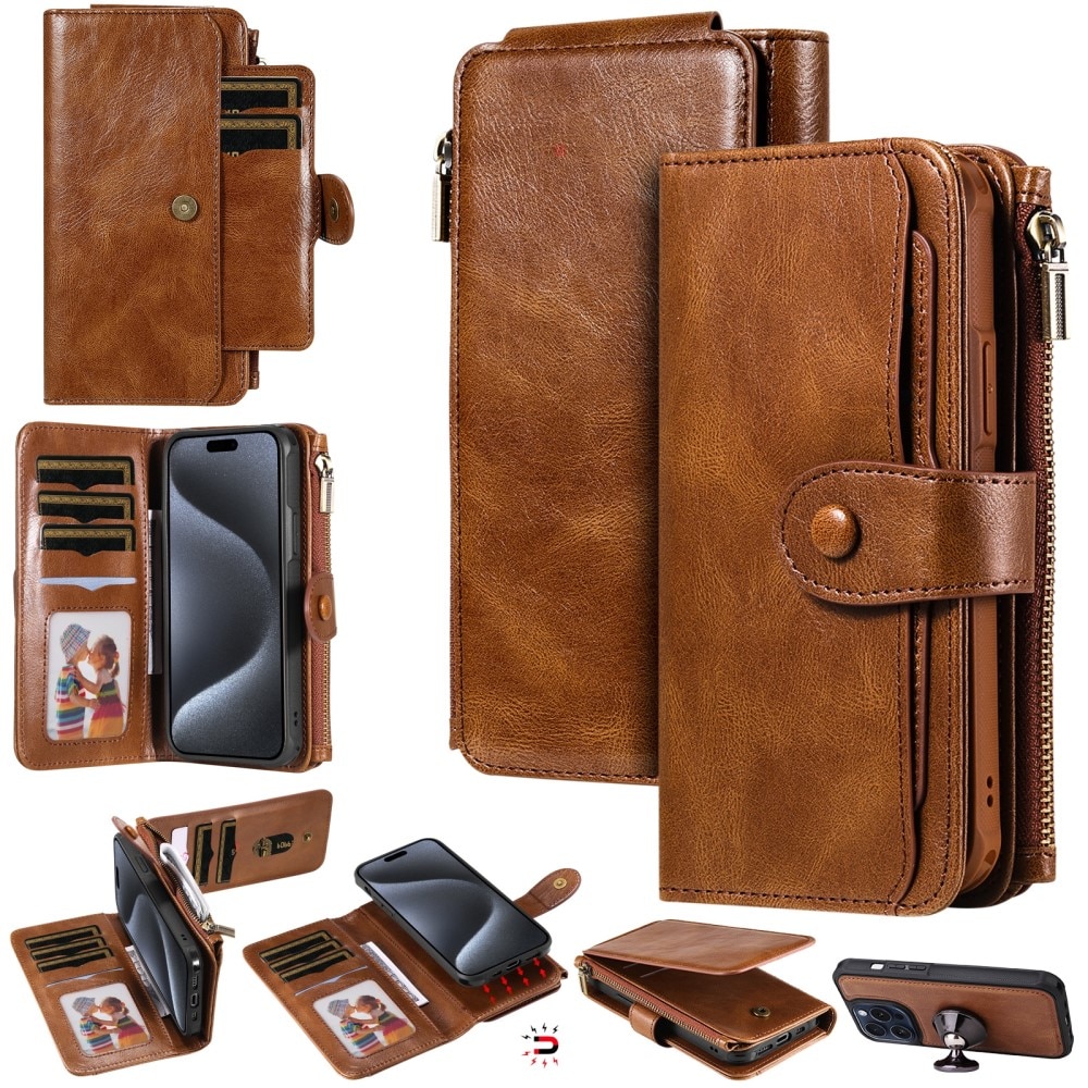 Magnet Leather Multi-Wallet iPhone 15 Pro ruskea