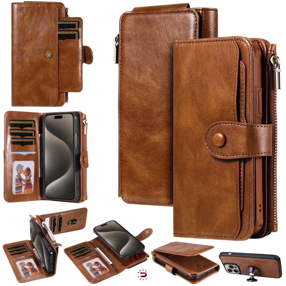 Magnet Leather Multi-Wallet iPhone 15 Pro Max ruskea