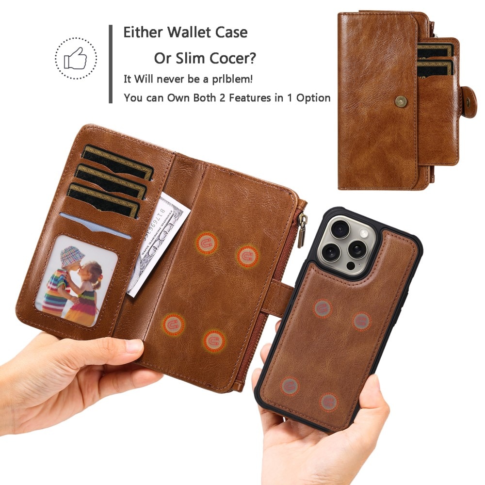 Magnet Leather Multi-Wallet iPhone 15 Pro Max ruskea