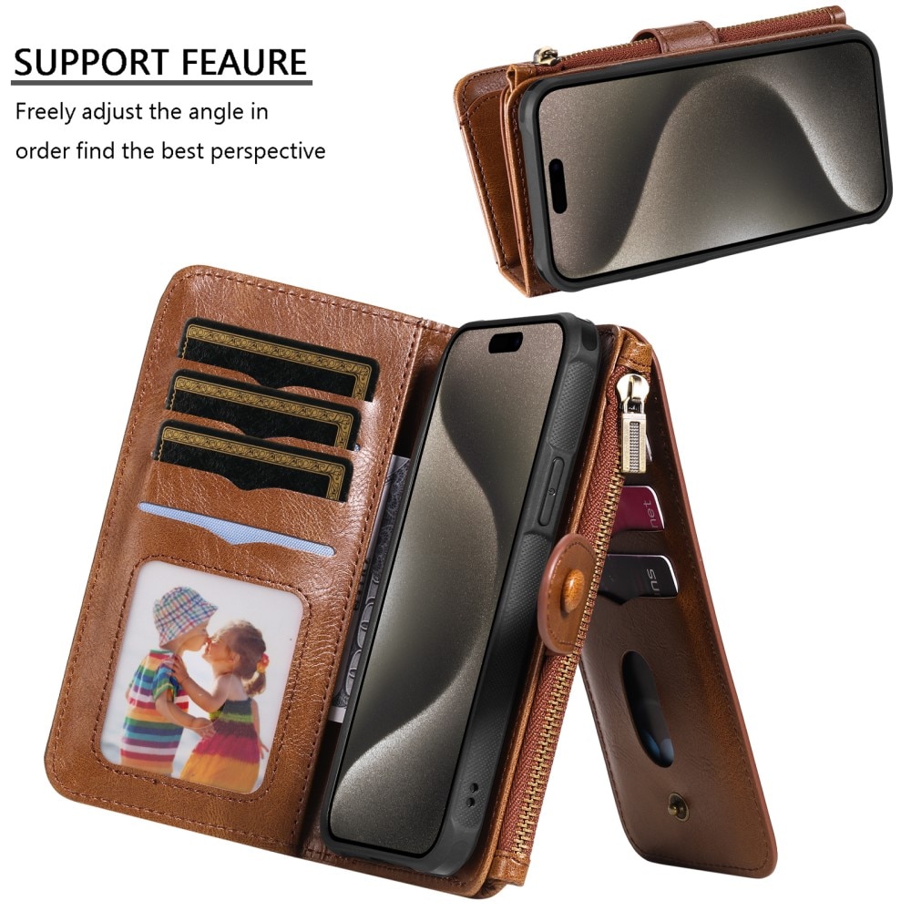 Magnet Leather Multi-Wallet iPhone 15 Pro Max ruskea
