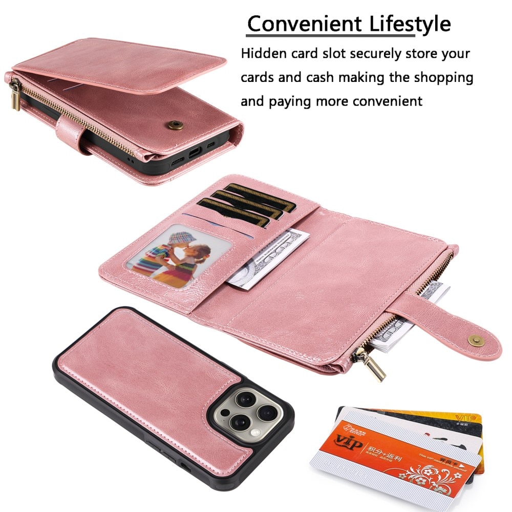 Magnet Leather Multi-Wallet iPhone 15 Pro Max vaaleanpunainen