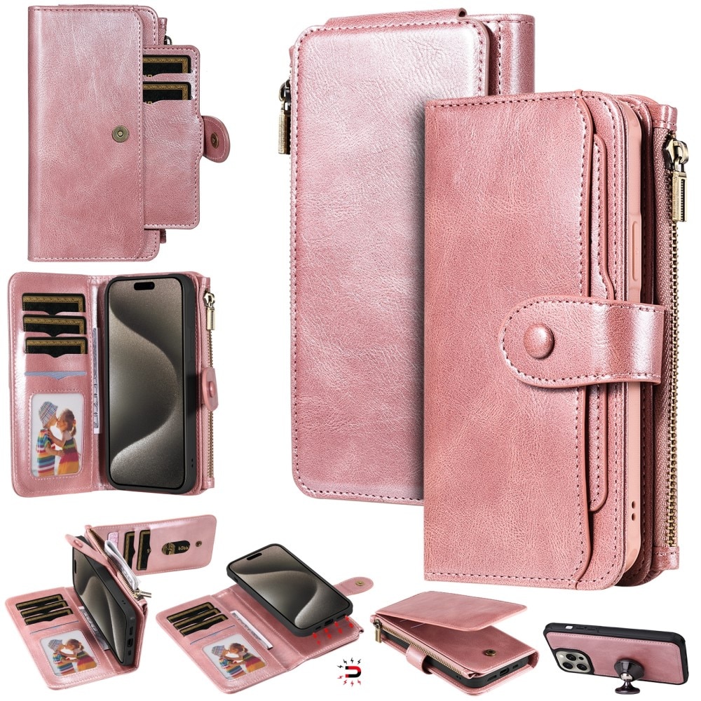 Magnet Leather Multi-Wallet iPhone 15 Pro Max vaaleanpunainen