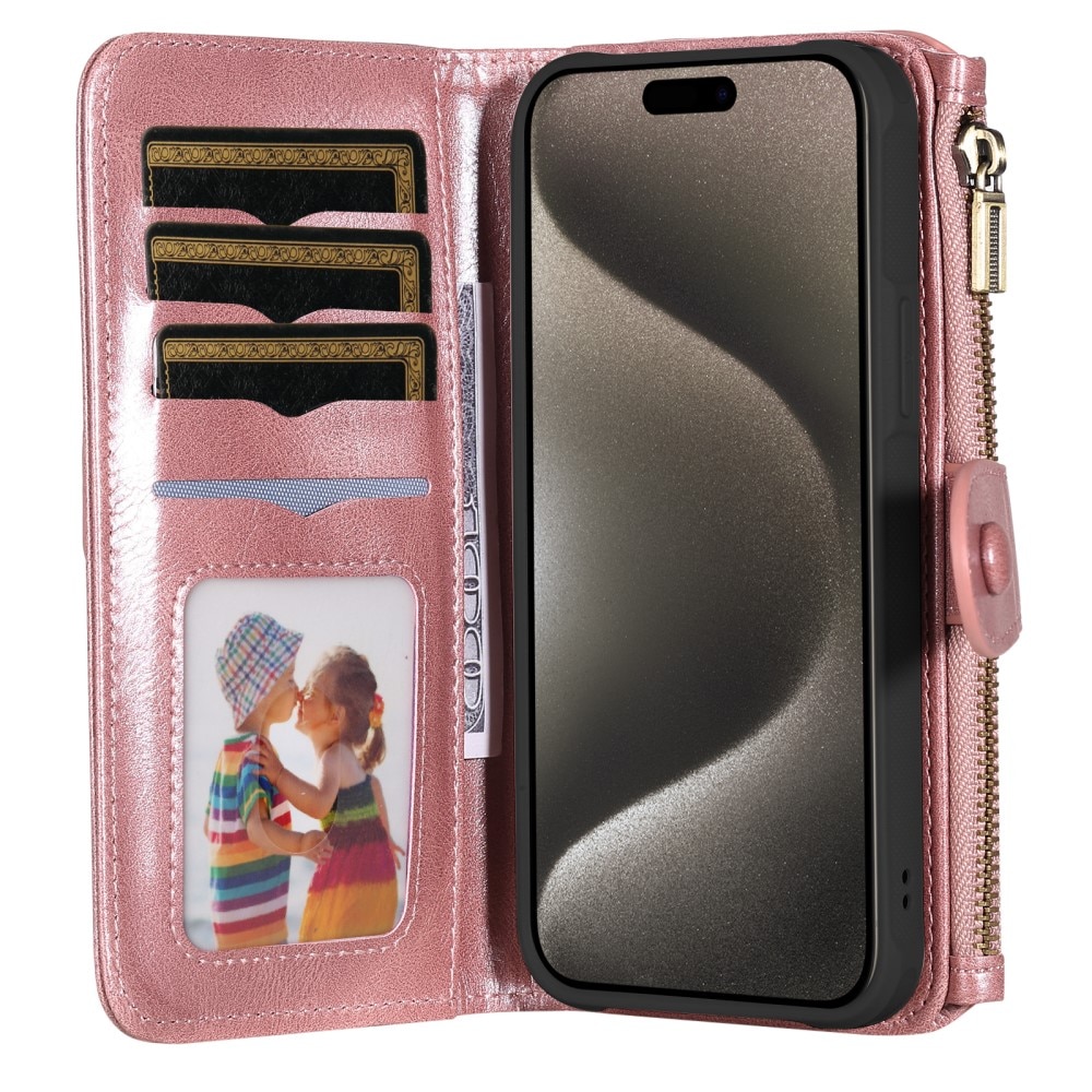 Magnet Leather Multi-Wallet iPhone 15 Pro Max vaaleanpunainen