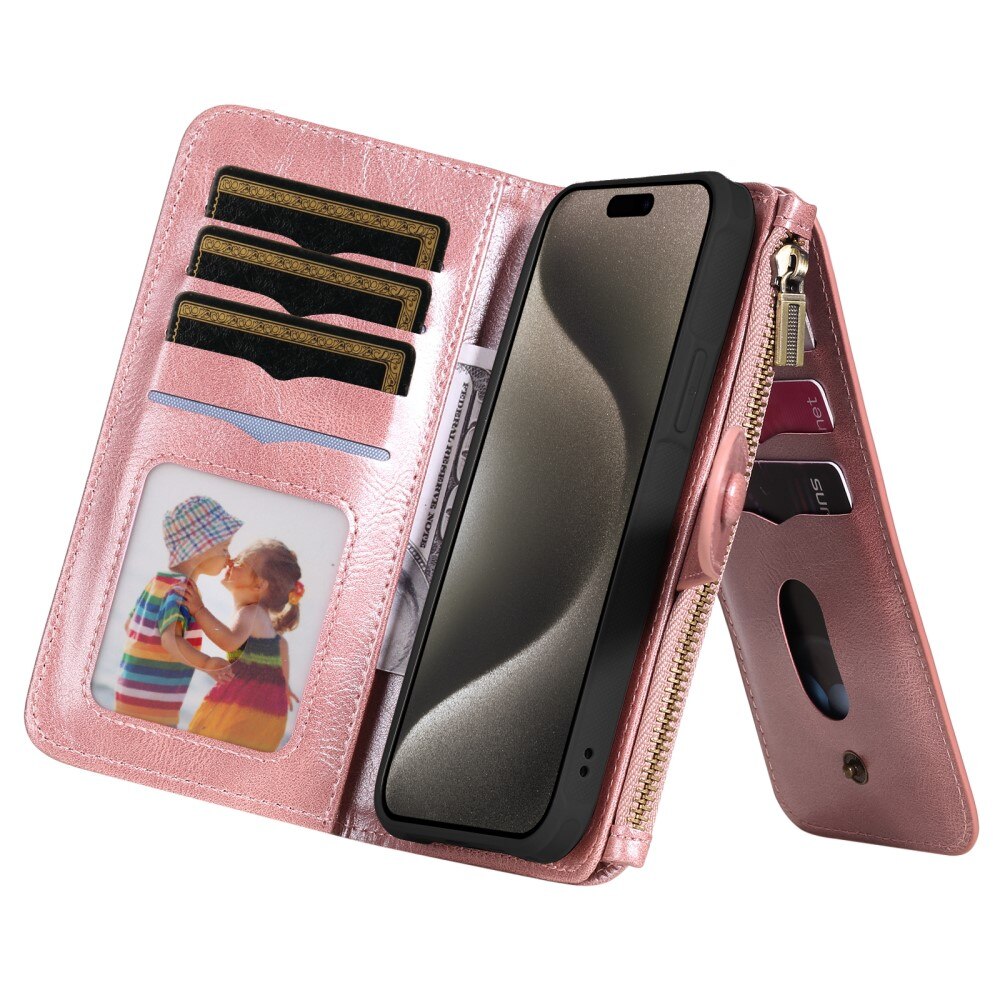 Magnet Leather Multi-Wallet iPhone 15 Pro Max vaaleanpunainen